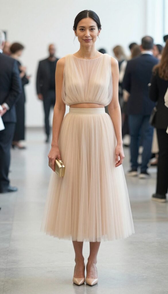 Young woman in champagne tulle crop top and high-waist skirt set, nude heels, gold clutch, sleek low bun, standing in bright courthouse hallway, soft smile, full-body outfit shot.