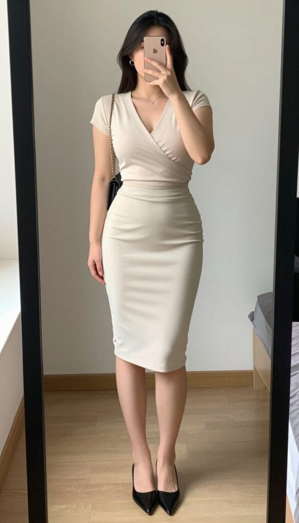 A woman in a cream wrap top and navy pencil skirt poses in front of a mirror, holding a phone to her face. She wears pointed mules and carries a chain-strap bag. The outfit is sleek and professional.