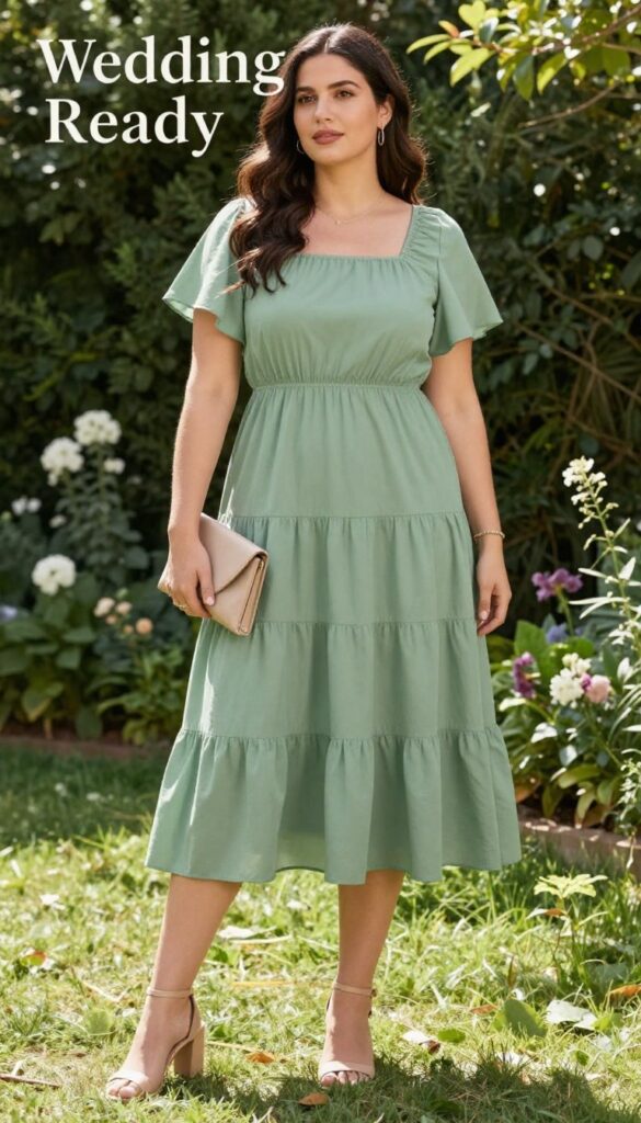 Young adult woman in sage green tiered ruffle midi dress with square neckline, standing in sunlit garden, wearing nude block-heel sandals and minimal gold jewelry, natural makeup and loose waves, smiling.
