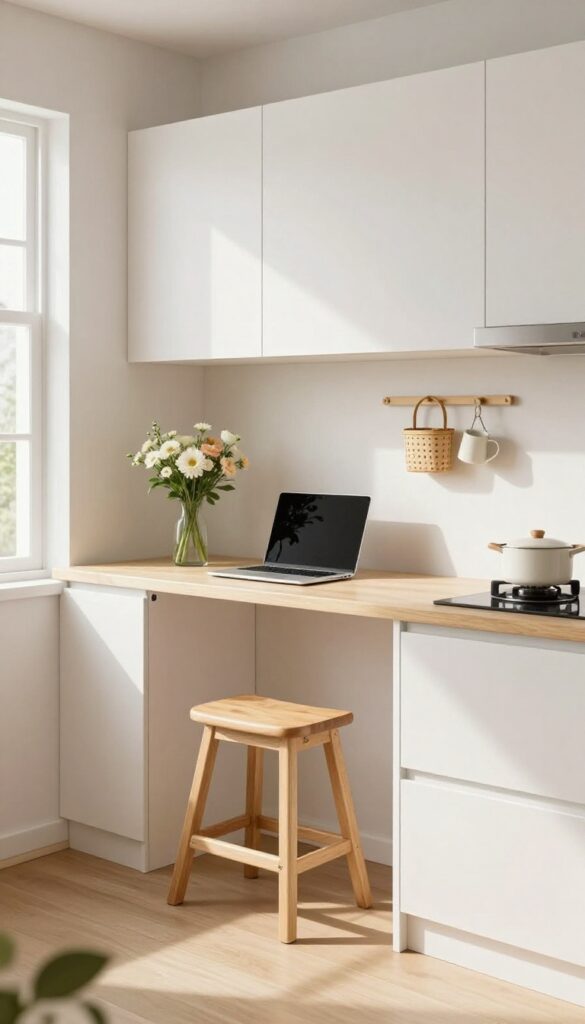 Wall-mounted fold-down desk in a bright kitchen with a laptop and stool, pegboard above