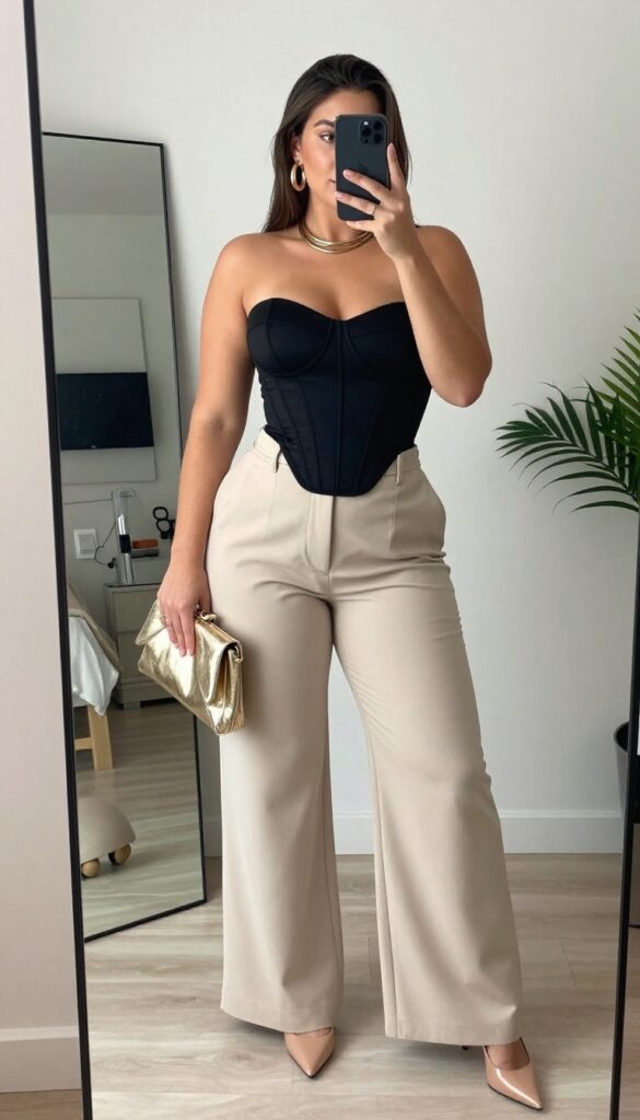 Plus-size woman in black corset top and cream wide-leg pants posing in front of a mirror, holding a phone, with pointed heels and a metallic clutch.