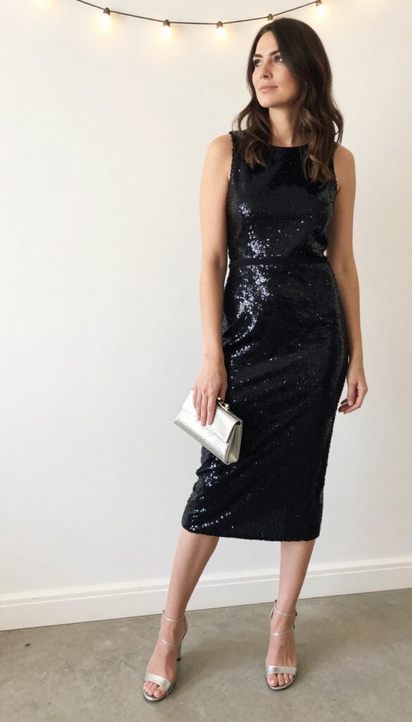 Woman in black sequin high-low dress and silver heels at wedding reception
