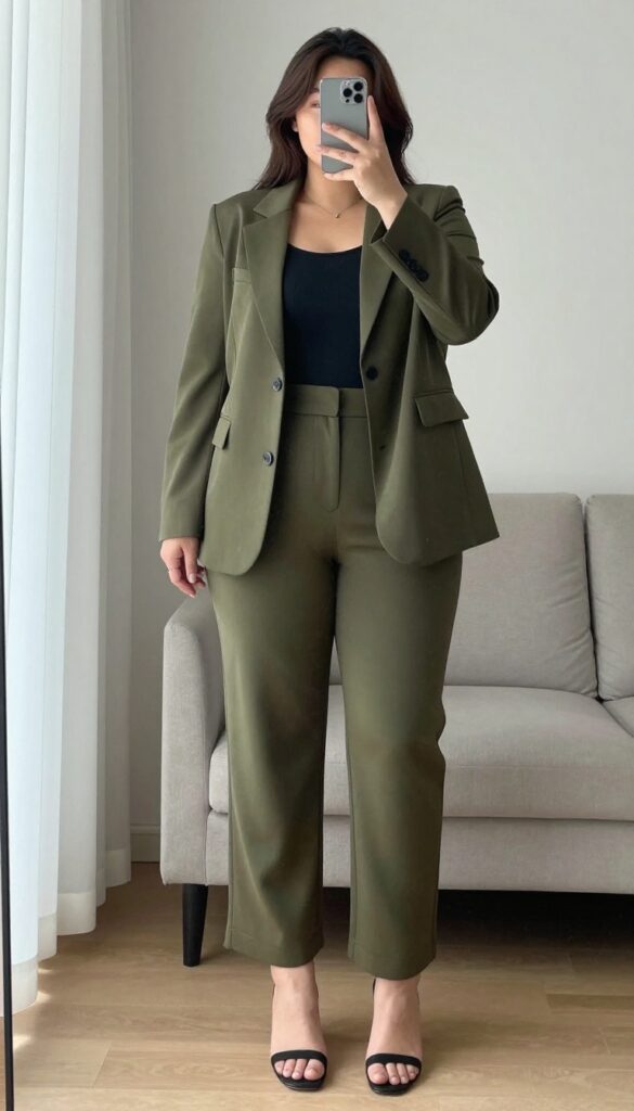 Woman in olive wide-leg jumpsuit with black blazer and heeled sandals, posing in mirror selfie.
