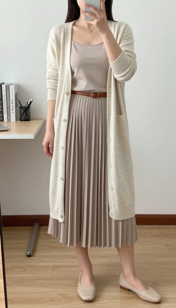 Woman in pastel cardigan and pleated midi skirt, taking mirror selfie with phone partially covering face, in bedroom setting.