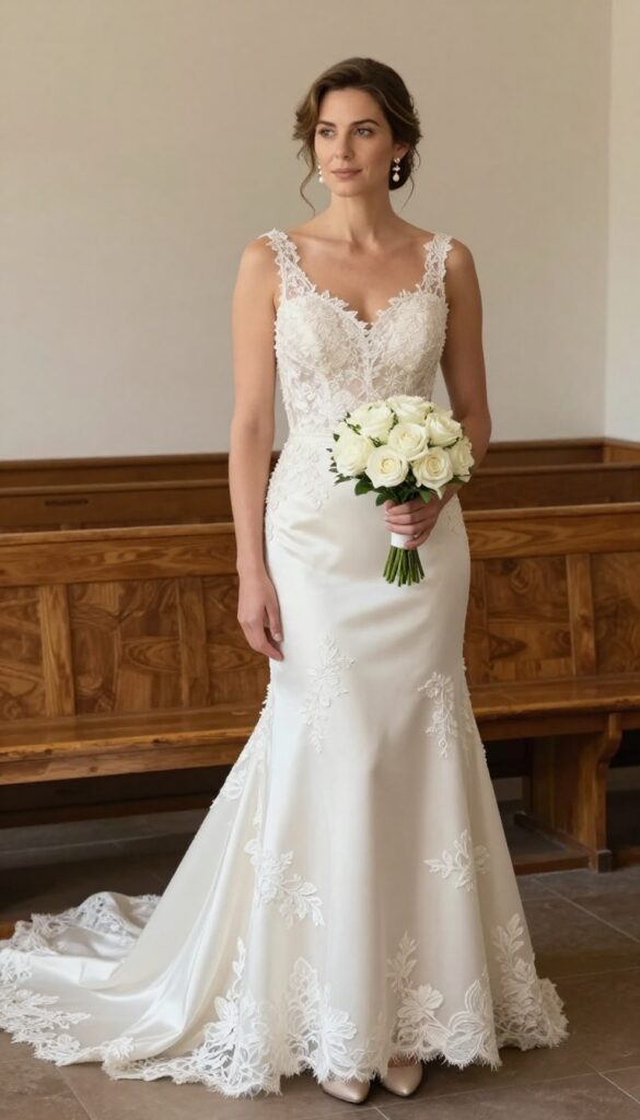 Bride in satin dress with lace overlay and long train walking down aisle in church