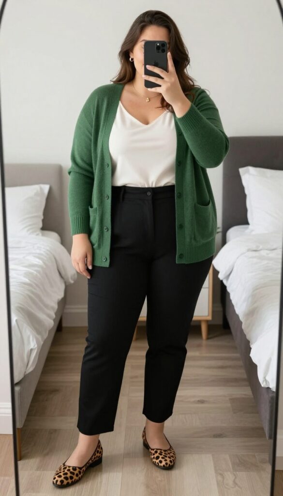 Forest green cardigan with black slacks and leopard print flats, business casual outfit for budget events.