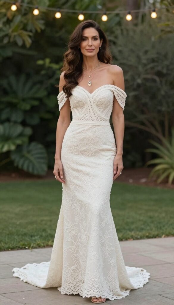 Young woman in off-the-shoulder ivory wedding dress with cream crochet kimono and layered necklaces, standing in garden at dusk with string lights.