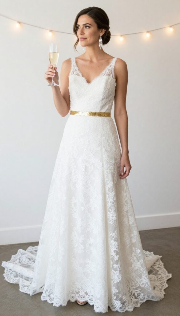 Woman in white lace dress with gold sequin belt and chandelier earrings at evening wedding reception.