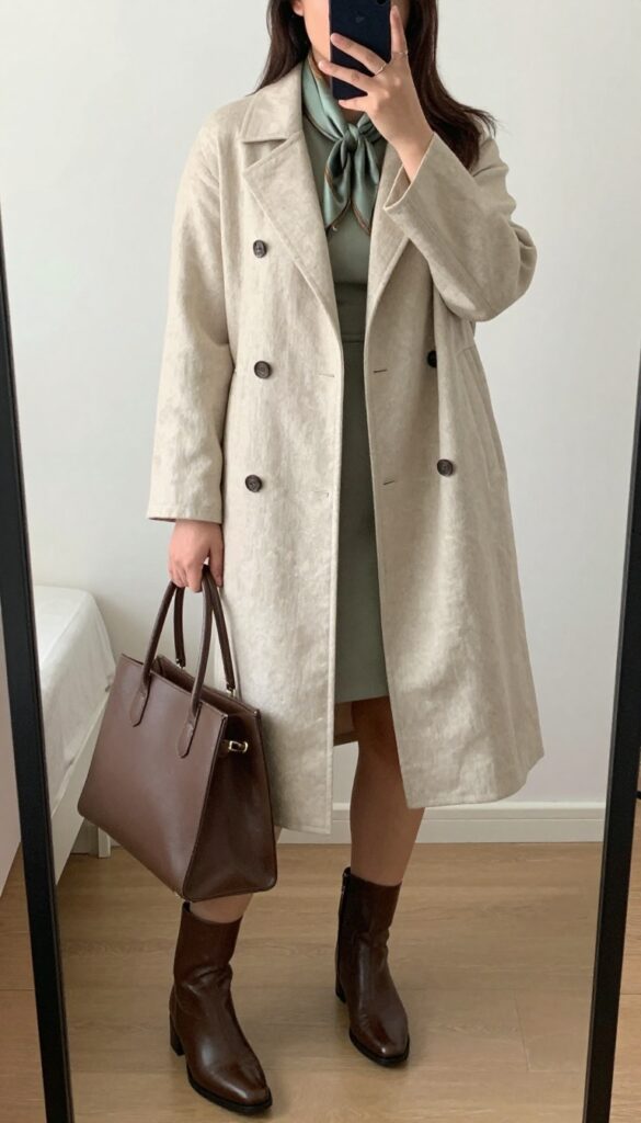 Woman wearing a double-breasted linen coat over a midi dress with ankle boots and a tote bag