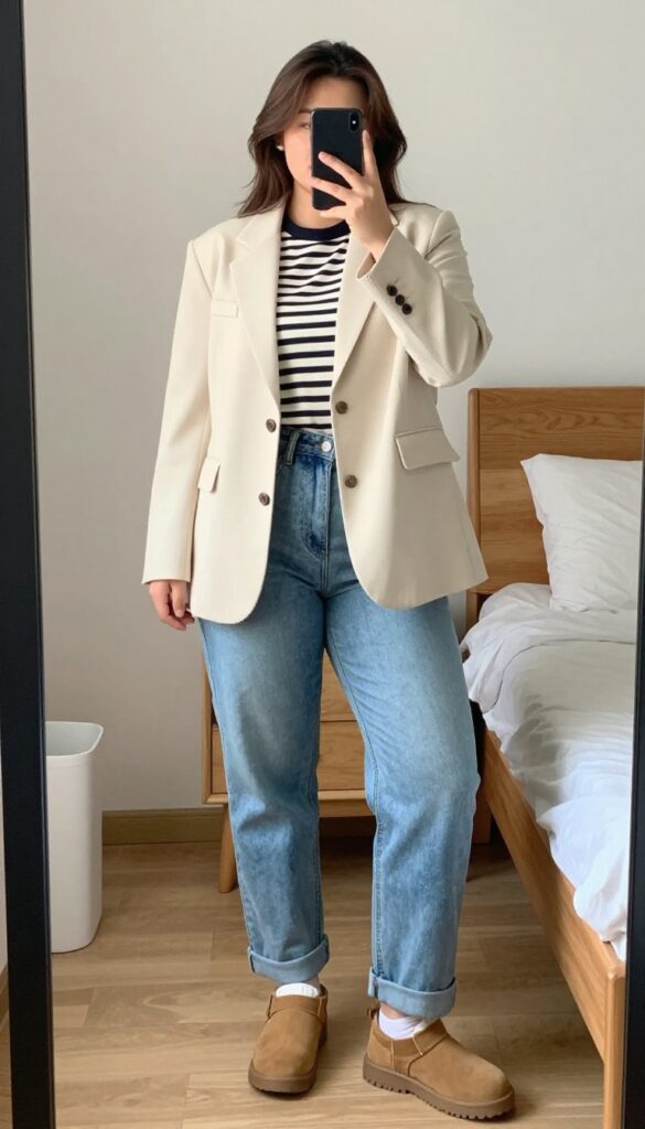 Teenage girl in cream blazer, striped tee, light wash jeans, and tan soft board, accessorized with gold necklace and white sneakers.