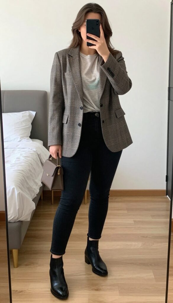 Woman in plaid blazer, graphic tee, and black skinny jeans standing in a modern office