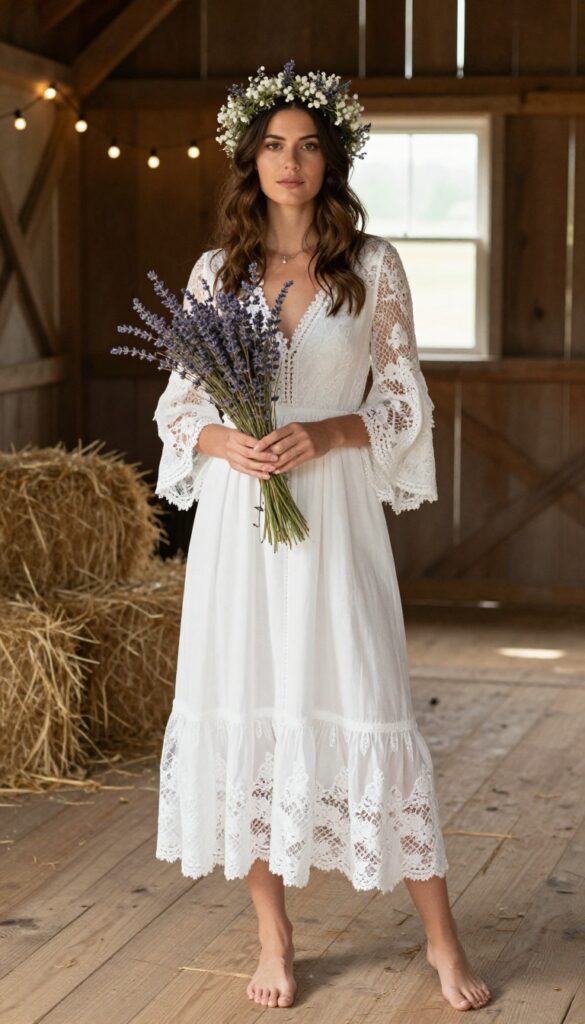 Woman in bohemian lace dress with flower crown at rustic barn wedding