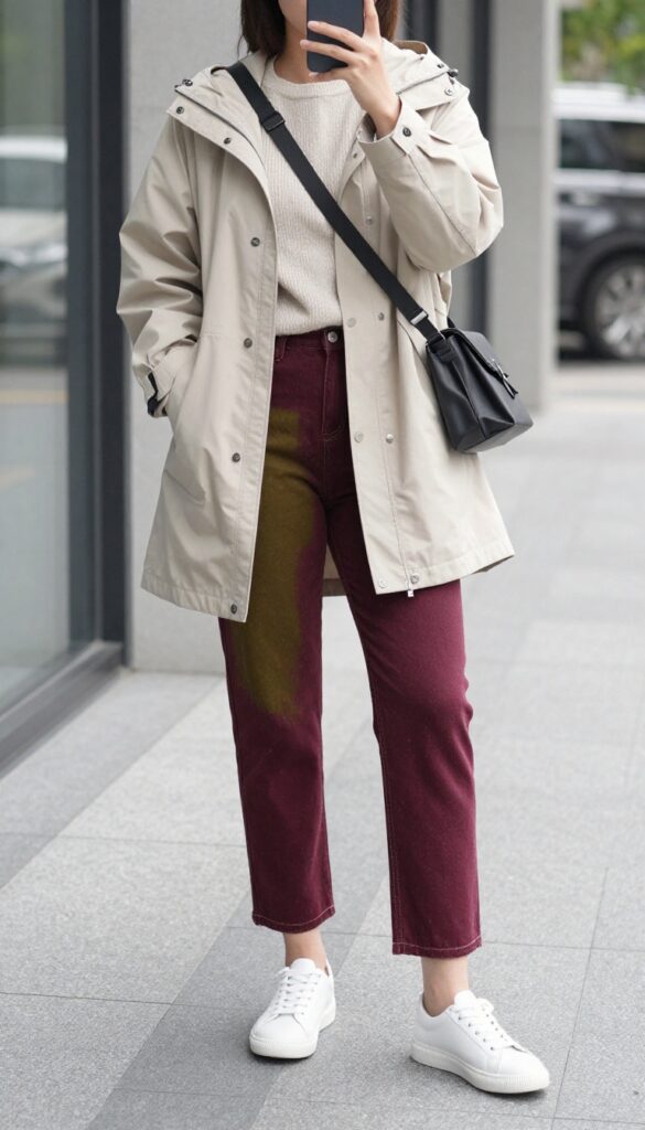 Woman in olive colored jeans, cream top, and charcoal waterproof parka, with white sneakers and crossbody bag, standing in light rain.