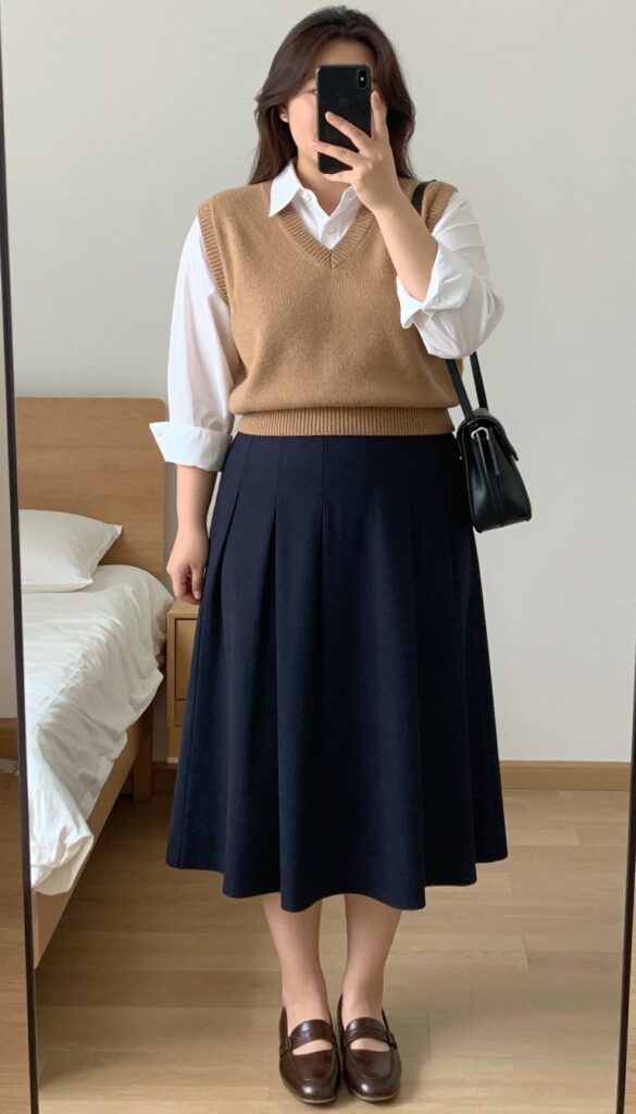 A woman in a sweater vest over a white shirt and pleated midi skirt, standing in a city office setting.