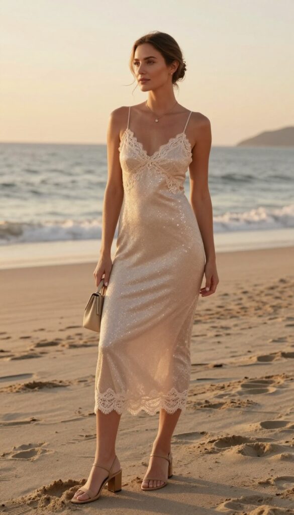 Adult woman in champagne lace-trimmed sparkly slip dress with strappy block heels on beach at sunset, natural body proportions, elegant wedding guest look.