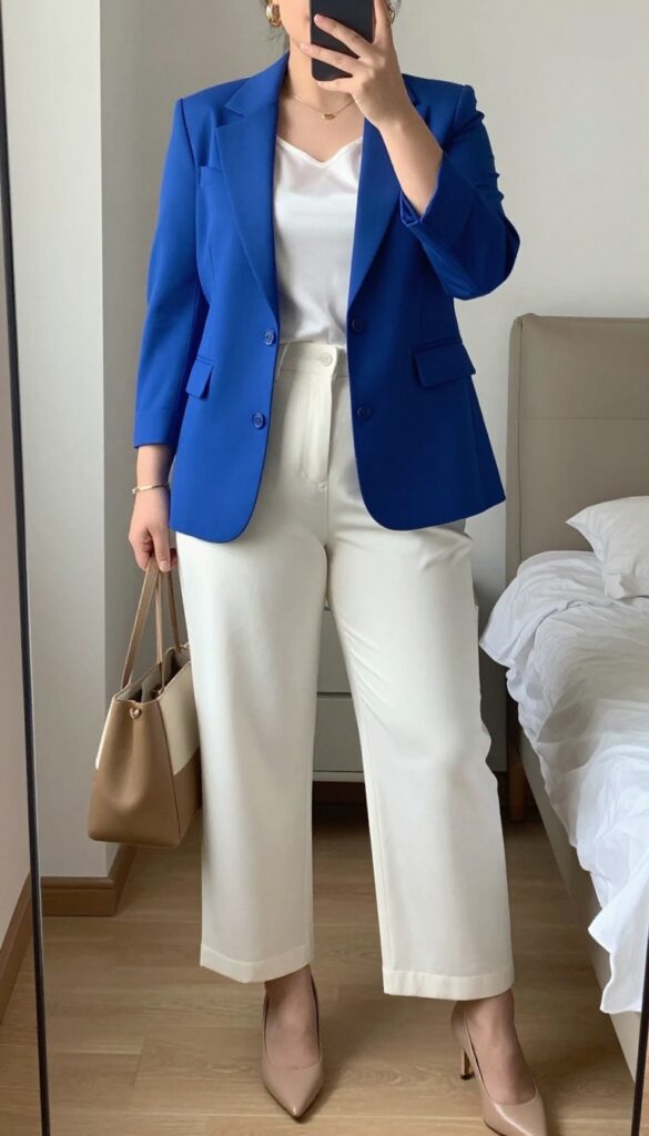 Woman in electric blue blazer and white wide-leg trousers, posing in mirror selfie