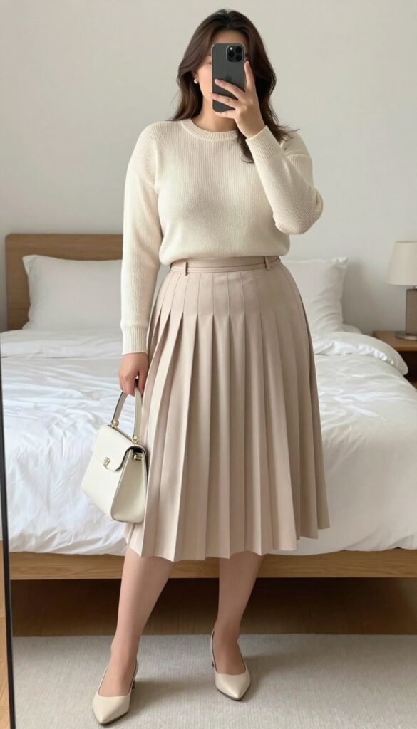 Petite woman in cream pleated midi skirt and fitted sweater, cinched with a belt, wearing pointed flats, posing in front of a mirror.