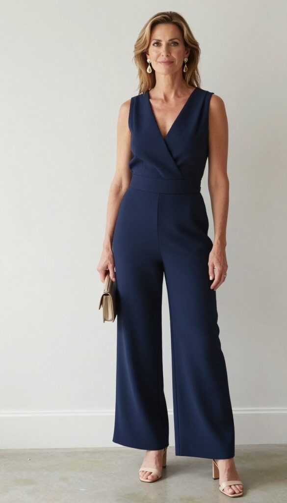 Petite woman over 50 in navy wide-leg jumpsuit with V-neck, nude heels, and gold earrings at elegant indoor venue