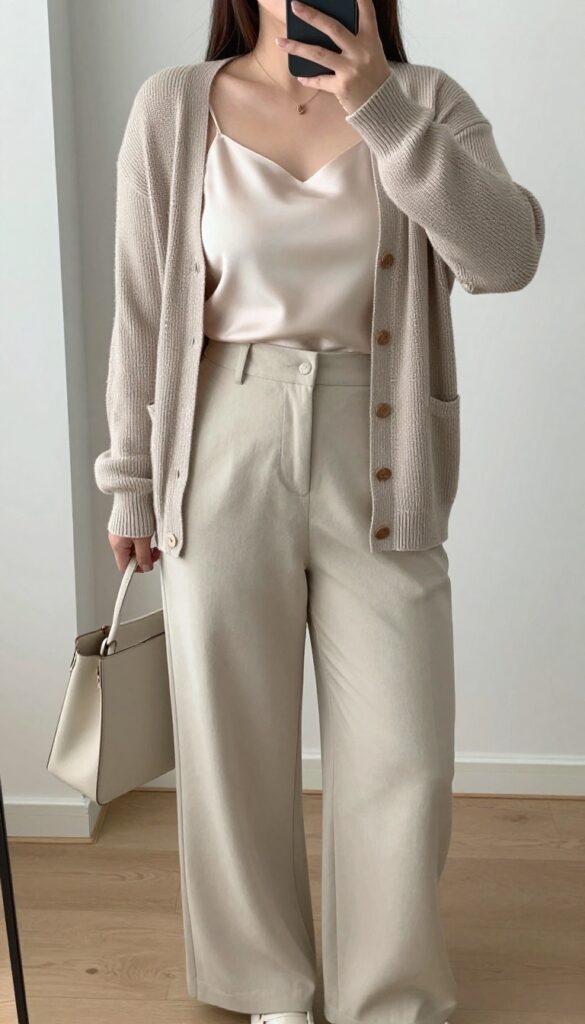 Plus-size woman in soft knit cardigan, silk camisole, and wide-leg trousers, standing in front of a mirror taking a selfie.