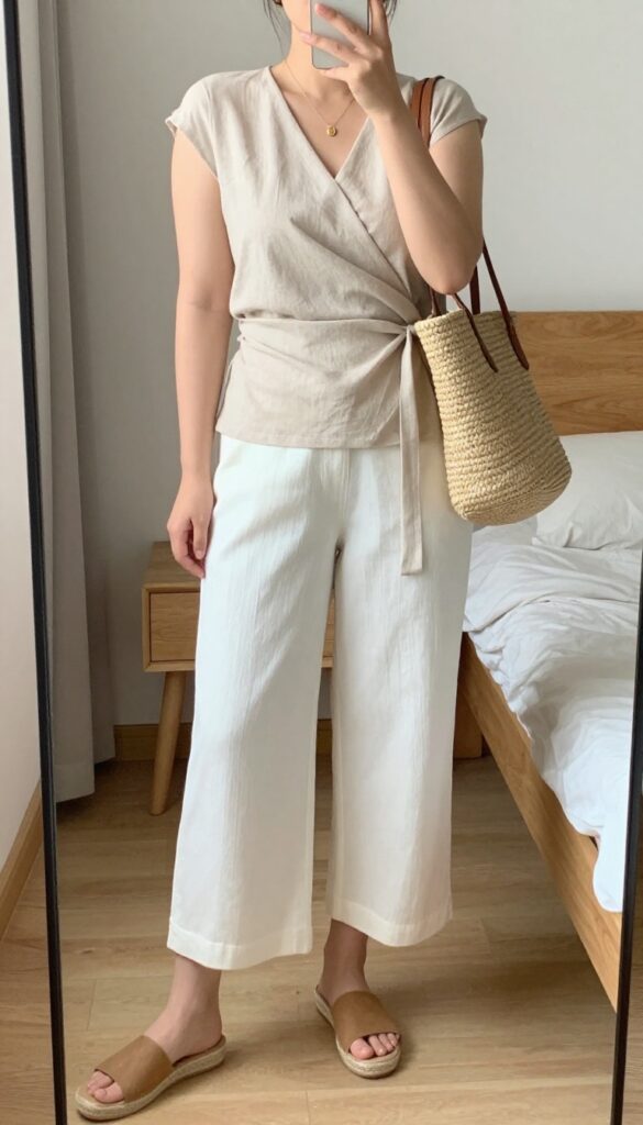 Wrap top with wide-leg cropped pants and espadrilles
