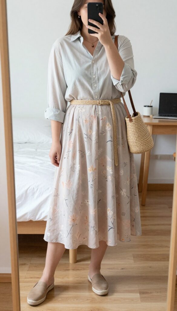 Woman in tucked white poplin shirt and pastel floral A-line midi skirt with woven belt and tan espadrilles, holding a straw crossbody bag.