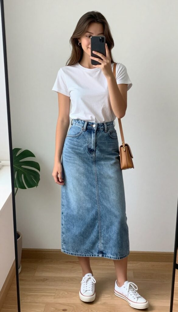 Teen girl in mirror selfie wearing high-waisted denim skirt and white fitted tee, with sneakers and mini bag, casual outfit.