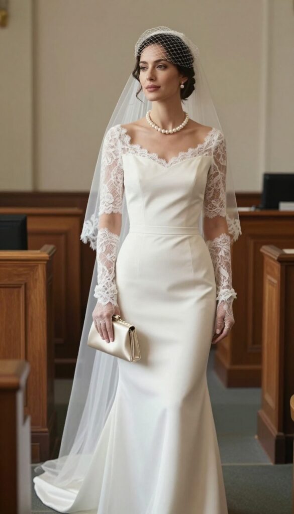 Adult woman in blush sheath wedding dress with birdcage veil and lace gloves, holding satin clutch, in vintage room.