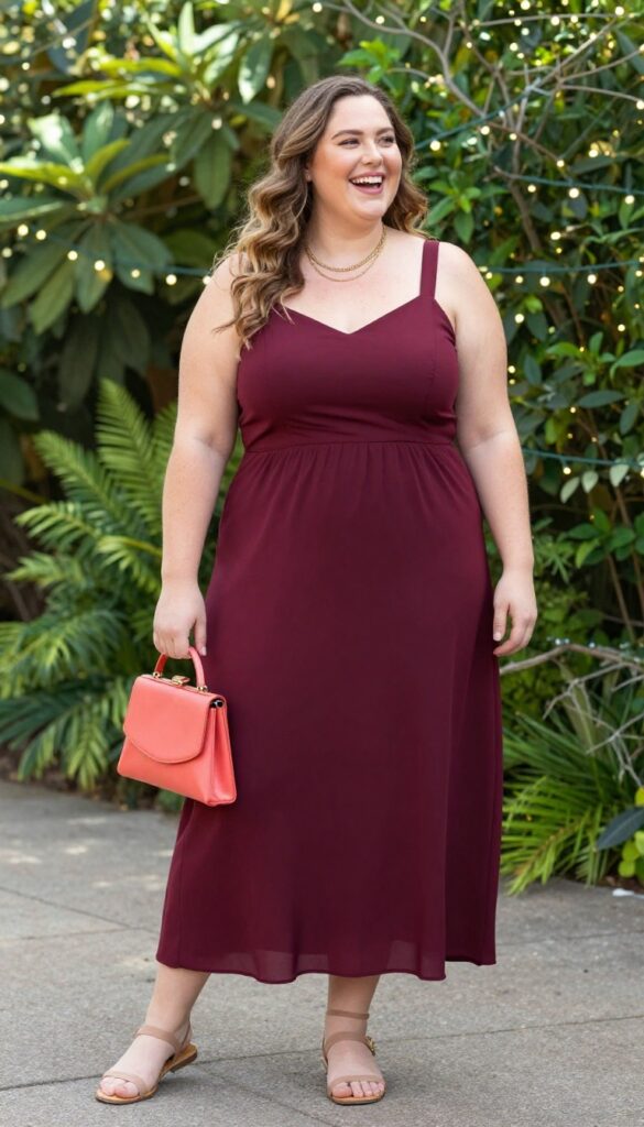 Plus-size woman in burgundy high-low dress with strappy sandals and coral clutch at garden wedding