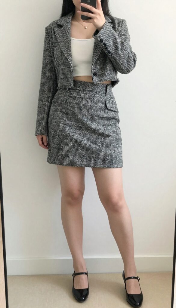 A woman in a tweed blazer, cropped top, and high-waisted skirt poses in a mirror selfie, partially covering her face with her phone.