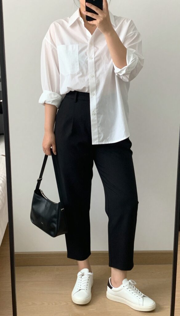 A woman in a white button-down and black cropped pants with white sneakers and a crossbody bag, standing in a bright office or coffee shop.