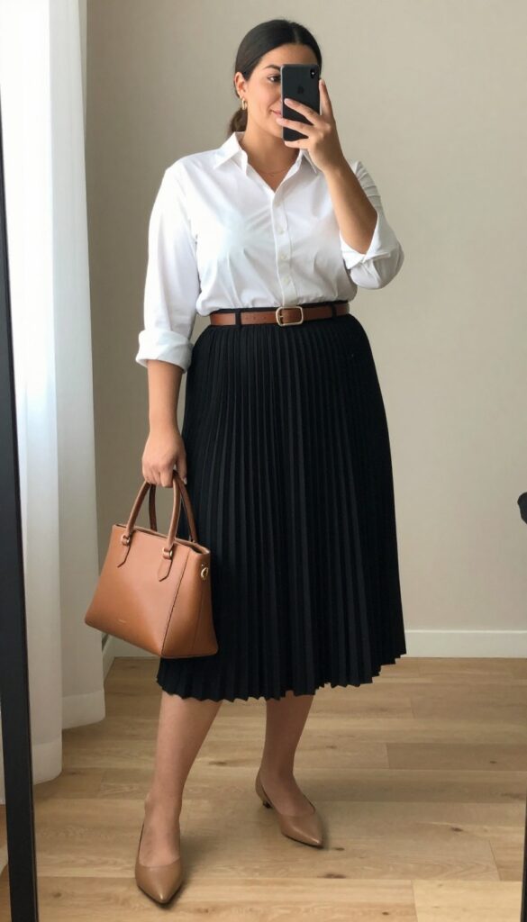 Plus-size woman in a white button-down shirt and black pleated midi skirt, posing in a mirror selfie with a structured handbag and nude flats.
