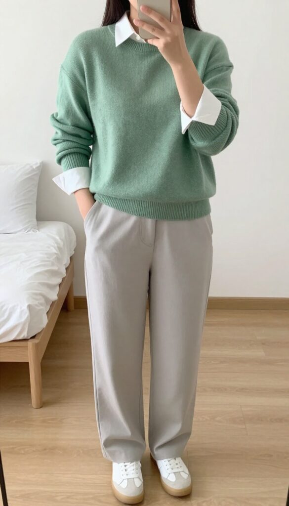 Woman in sage green sweater over white button-down with gray trousers, white sneakers, standing in a bright office or casual setting.