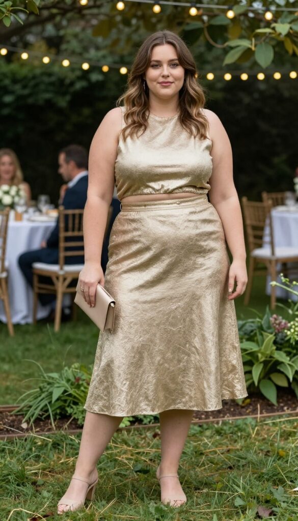 Plus-size woman in metallic gold two-piece crop top and high-waist skirt at outdoor evening wedding reception with fairy lights