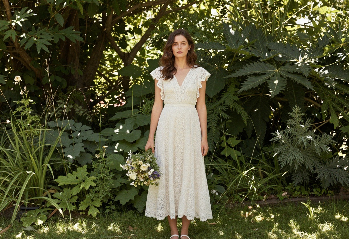 Woman in vintage lace wedding dress standing in garden with bouquet