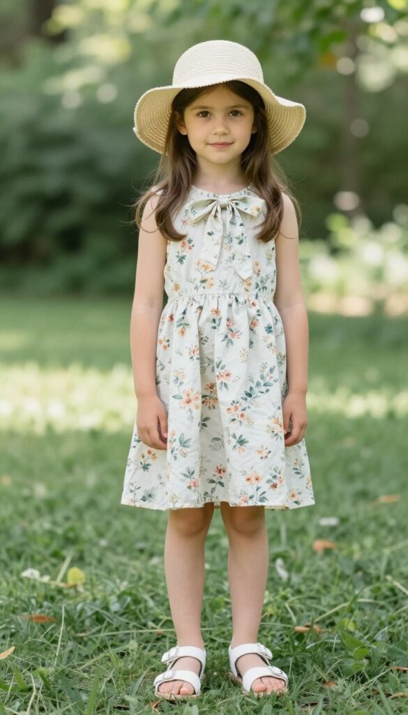Floral print dress with coordinating bow for a young girl, styled with white sandals and a sun hat in a garden setting.