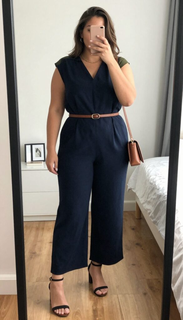 A woman in a bamboo jumpsuit with wide legs and a V-neckline, wearing a thin belt and heeled sandals, holding a structured clutch.