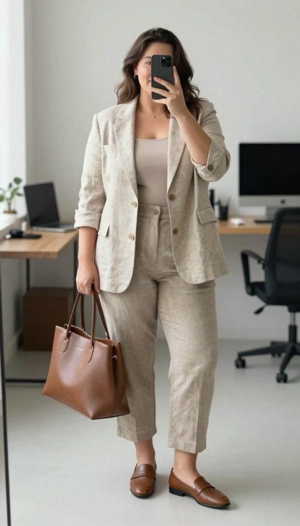 A woman in a linen-blend blazer and cropped trousers, standing in a bright office setting.