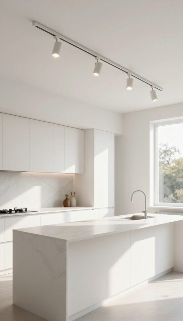 Modern kitchen island with adjustable track lighting, bright natural light, clean minimalist design.