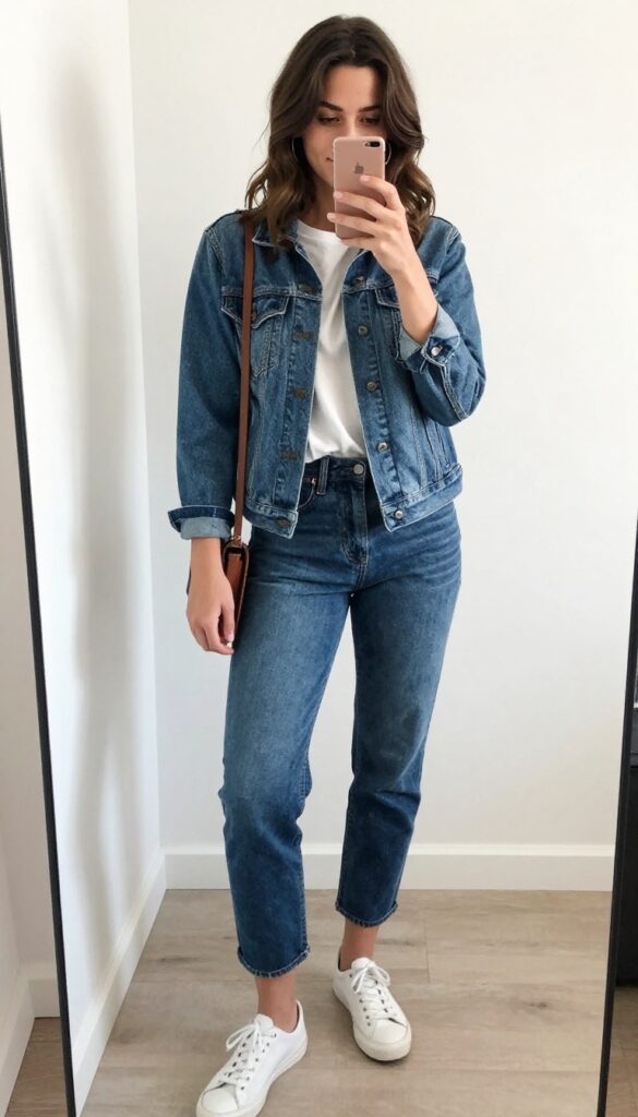 Woman in cropped denim jacket, white tee, and medium-dark mom jeans taking a mirror selfie with a crossbody bag and sneakers.