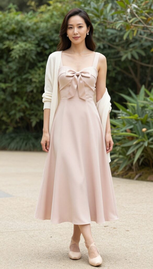 Woman in blush A-line dress with bow neckline, nude flats, pearl earrings, cream cardigan, in sunlit garden.