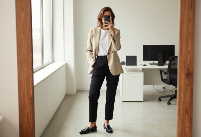 Woman in beige blazer, white tee, and black tailored trousers taking a mirror selfie in a bright office hallway