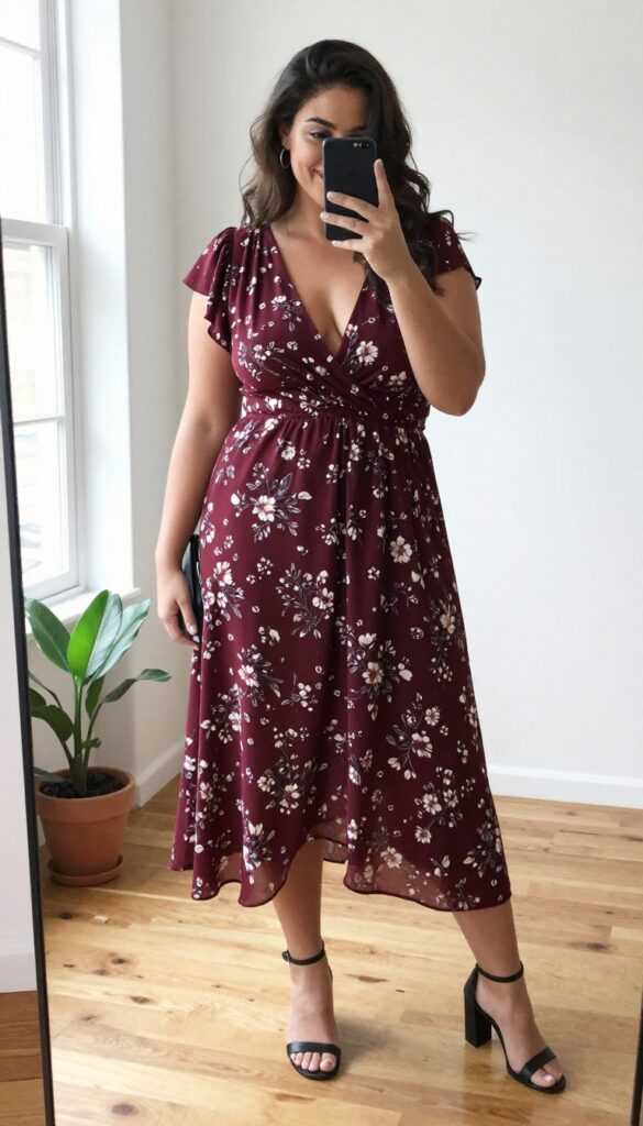 Plus-size woman in a burgundy floral high-low dress with ankle-strap heels, taking a mirror selfie in a bright room, showcasing the dress's movement and fit.