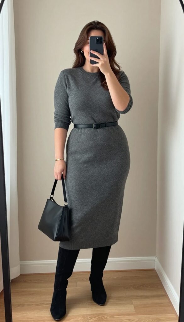 Plus-size woman in a charcoal gray knit dress with a black belt and black ankle boots, taking a mirror selfie in a bright room.