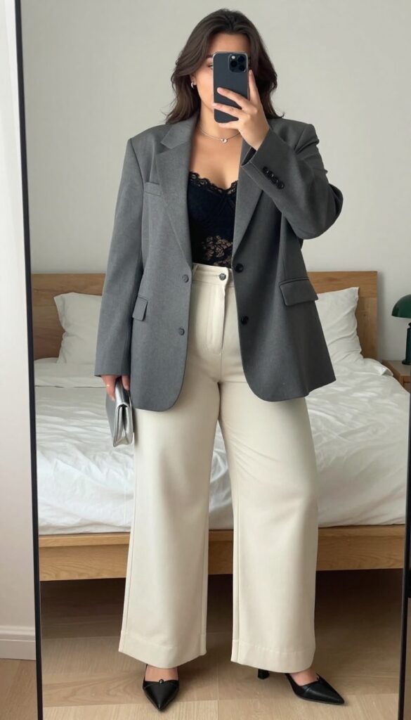 A woman in a gray blazer, black lace top, cream trousers, and black strappy heels, holding a silver clutch.