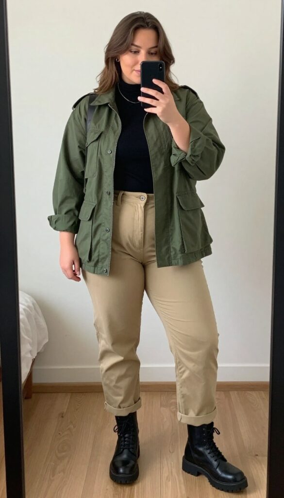 Woman in army green utility jacket, black turtleneck, and khaki chinos, standing in a bright office hallway, holding a structured tote bag.