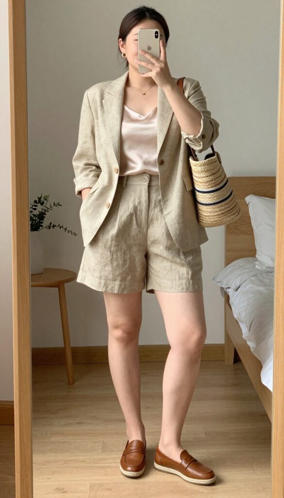 A woman in a tailored linen shorts and blazer set with a silk camisole, loafers, and a straw bag, standing in a bright office or outdoor setting.