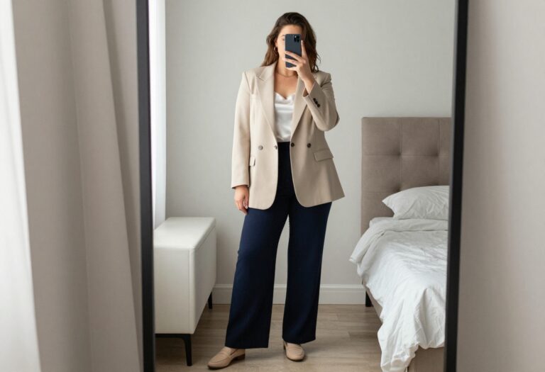 Woman in oversized blazer and wide-leg trousers taking a mirror selfie in bedroom