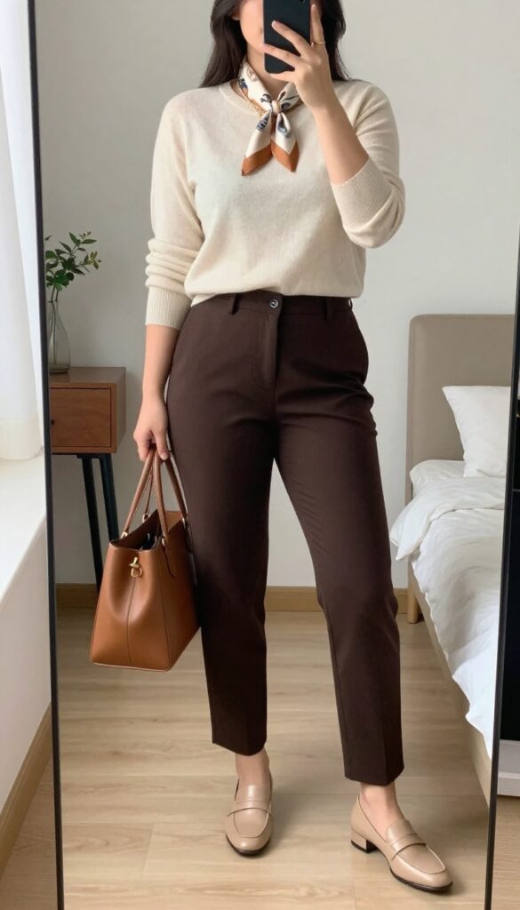 Chocolate brown trousers and cream cashmere sweater outfit for business casual