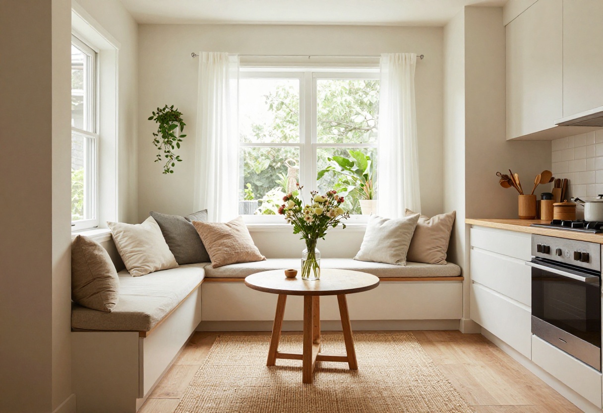 Cozy kitchen sitting area with built-in bench, cushions, and a small table by a sunny window