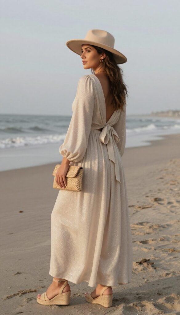 Boho bride in flowy champagne glitter maxi dress with back bow, floppy beige hat, and wedge sandals on beach at sunset.